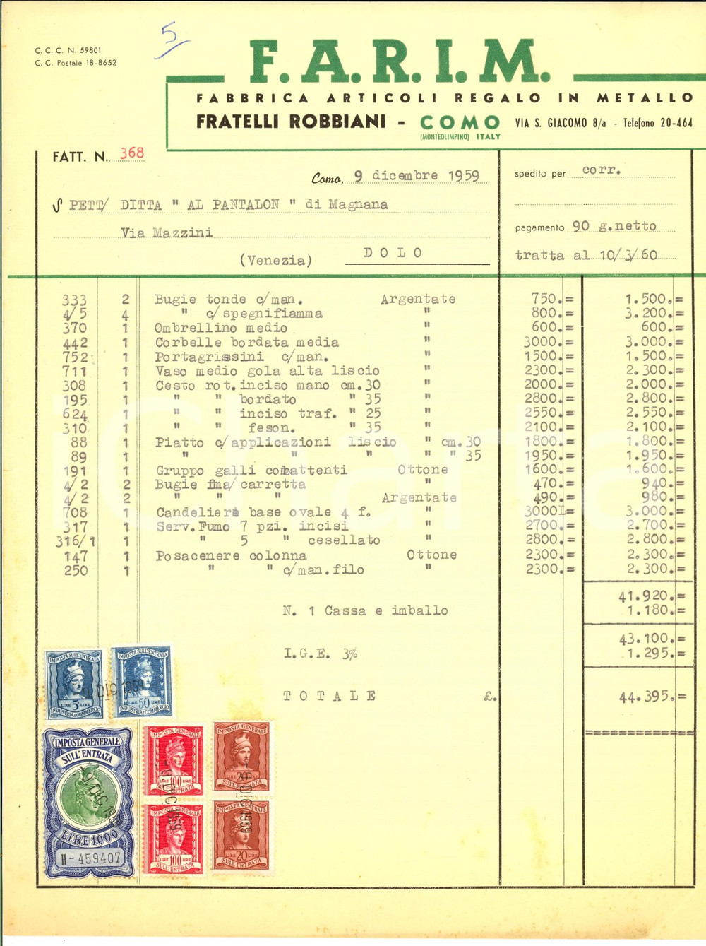 Documento originale, autentico 1959 COMO FRATELLI ROBBIANI Fabbrica articoli regalo Fattura con bolli 1