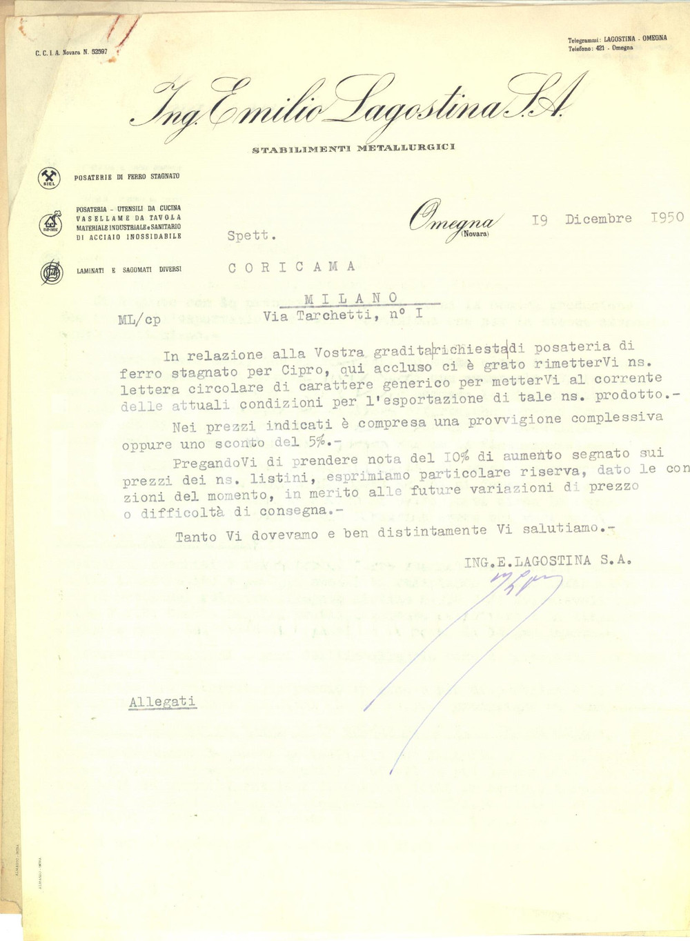 Documento originale, autentico 1950 OMEGNA Ing. Emilio LAGOSTINA Lettera su esportazione posateria di ferro 1