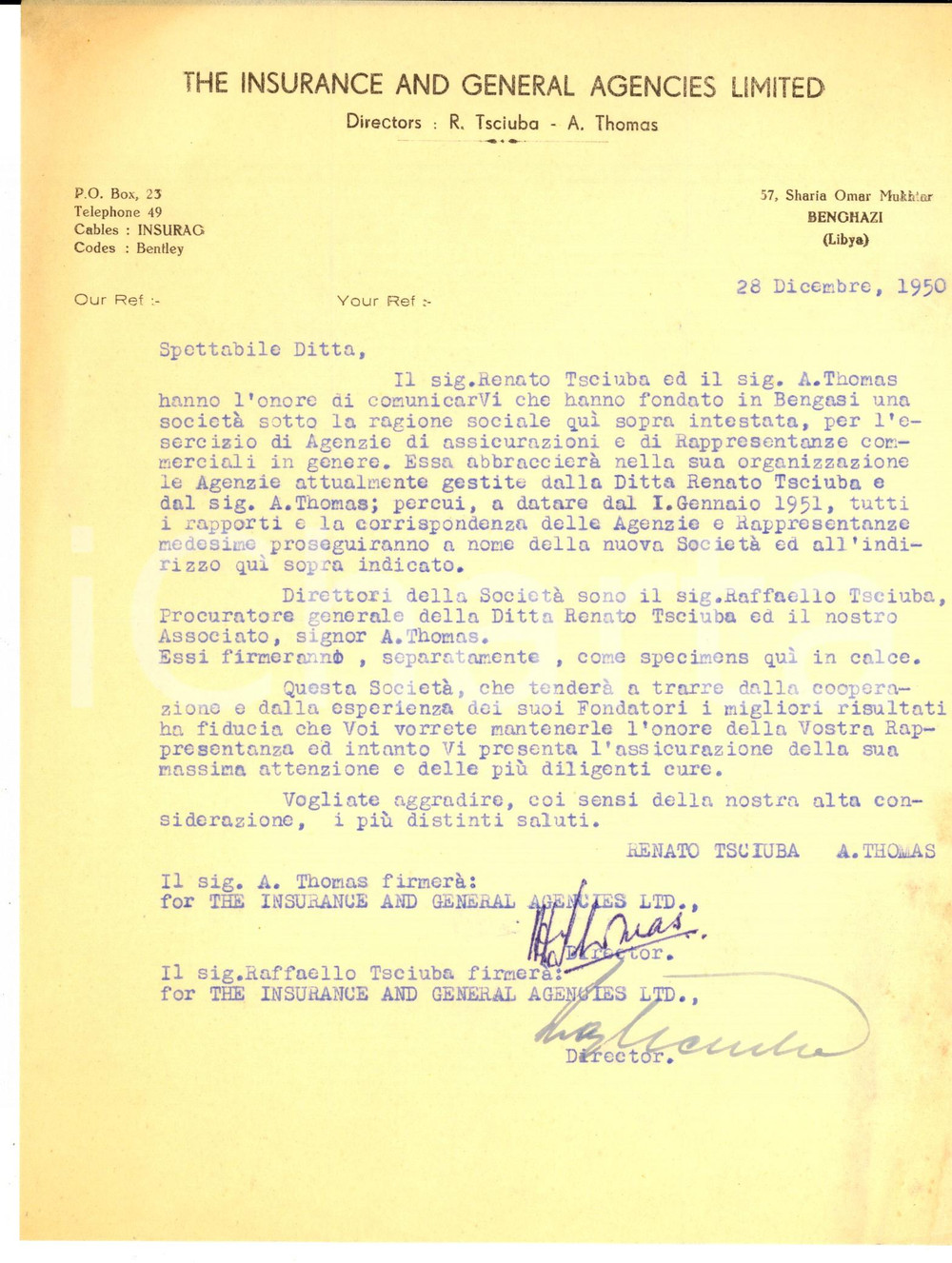 Documento originale, autentico 1950 BENGASI LIBIA The Insurance and Generale Agencies  Lettera commerciale 1
