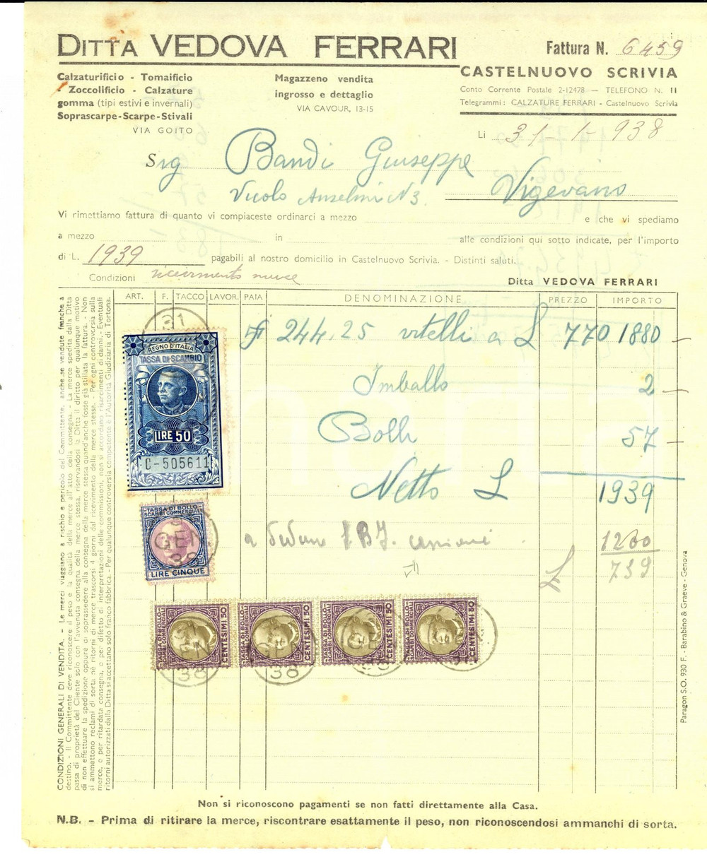 Documento originale, autentico 1938 CASTELNUOVO SCRIVIA Ditta VEDOVA FERRARI Calzaturificio  Fattura con bolli 1