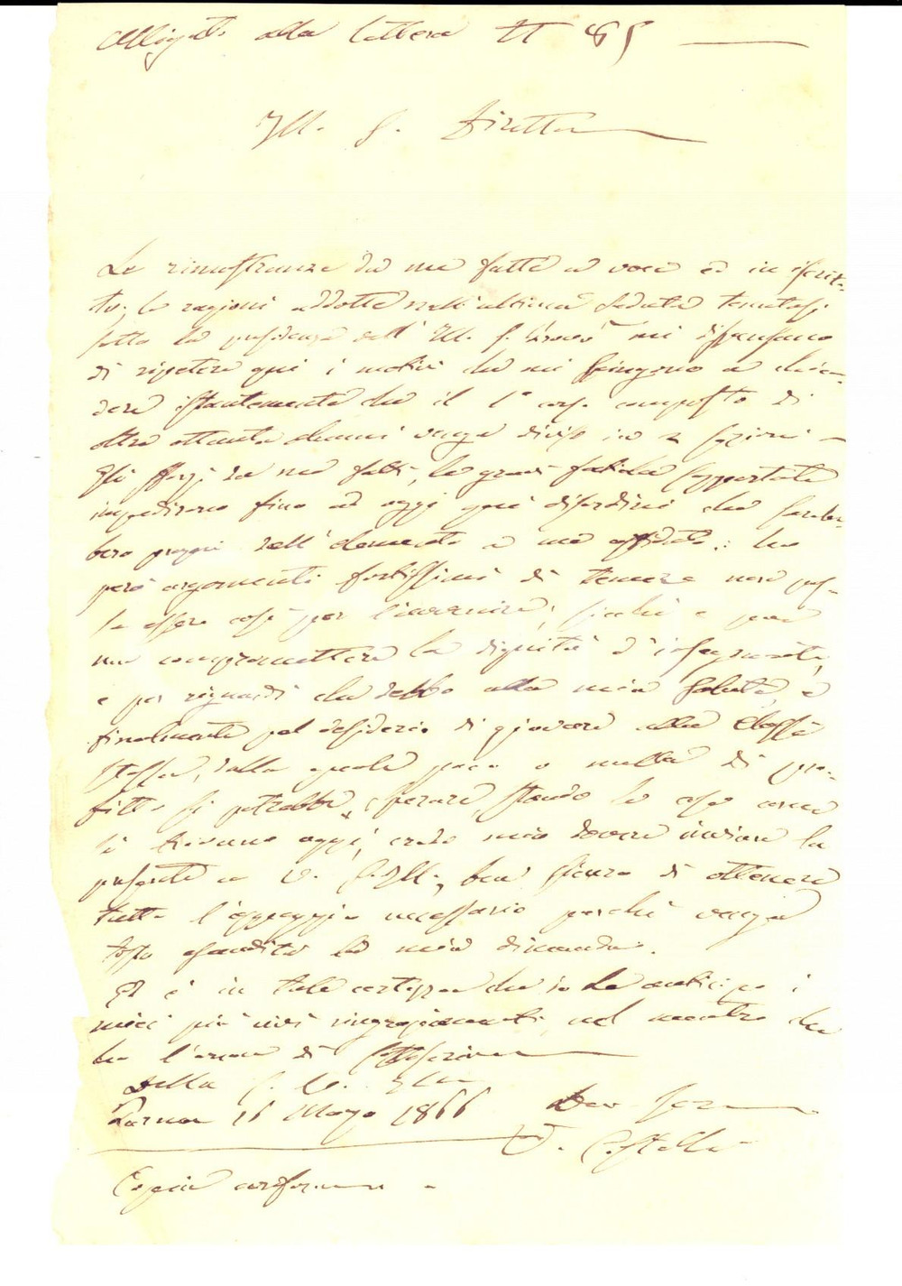 Documento originale, autentico 1865 PARMA Scuola tecnica  Lettera prof. CASTELLI sulla divisione di una classe 1