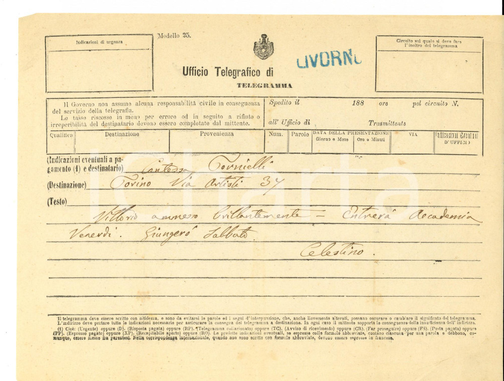 Manoscritto, lettera originale 1880 ca LIVORNO Celestino TORNIELLI su ammissione figlio Telegramma AUTOGRAFO 1