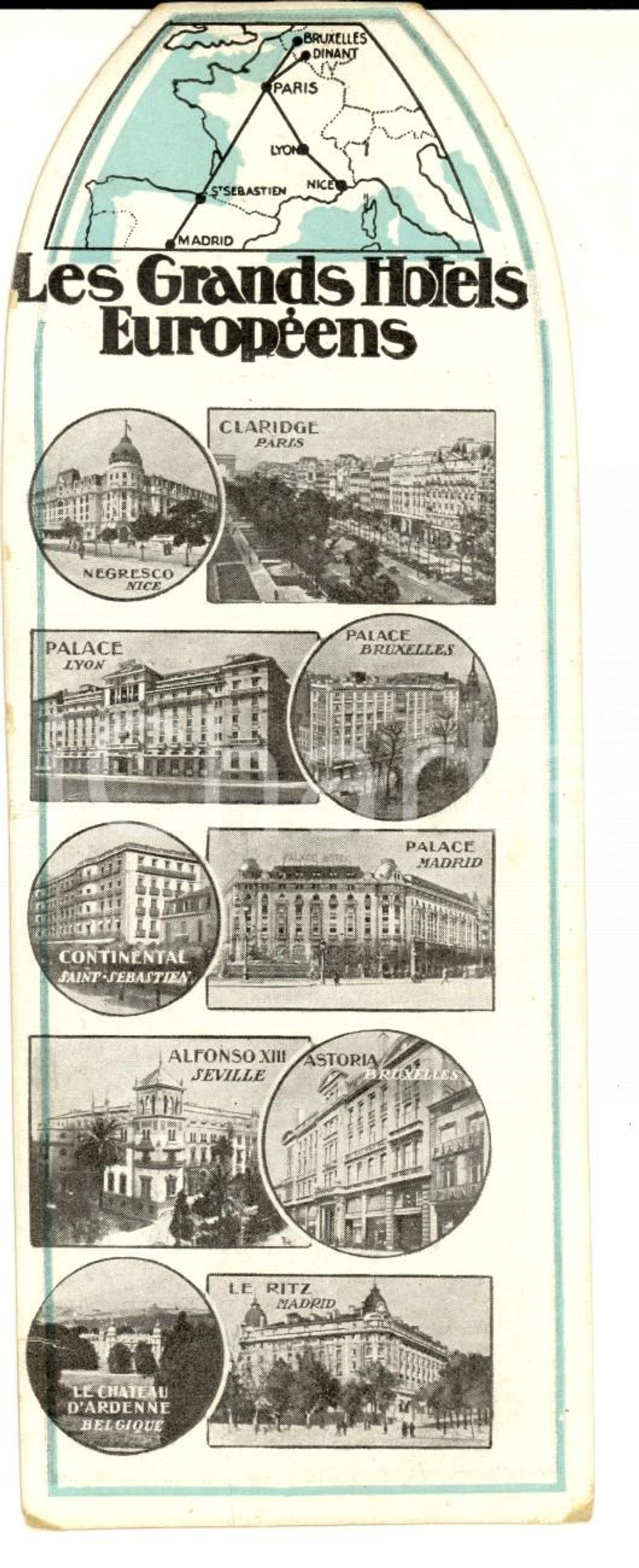 Oggetto da collezione cartaceo 1950 ca LES GRANDS HOTEL EUROPEENS  Segnalibro pubblicitario VINTAGE 1