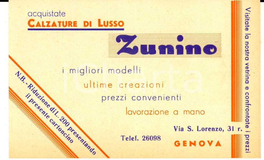 Materiale pubblicitario d’epoca 1950 ca GENOVA Calzature di lusso ZUNINO Cartoncino pubblicitario 1