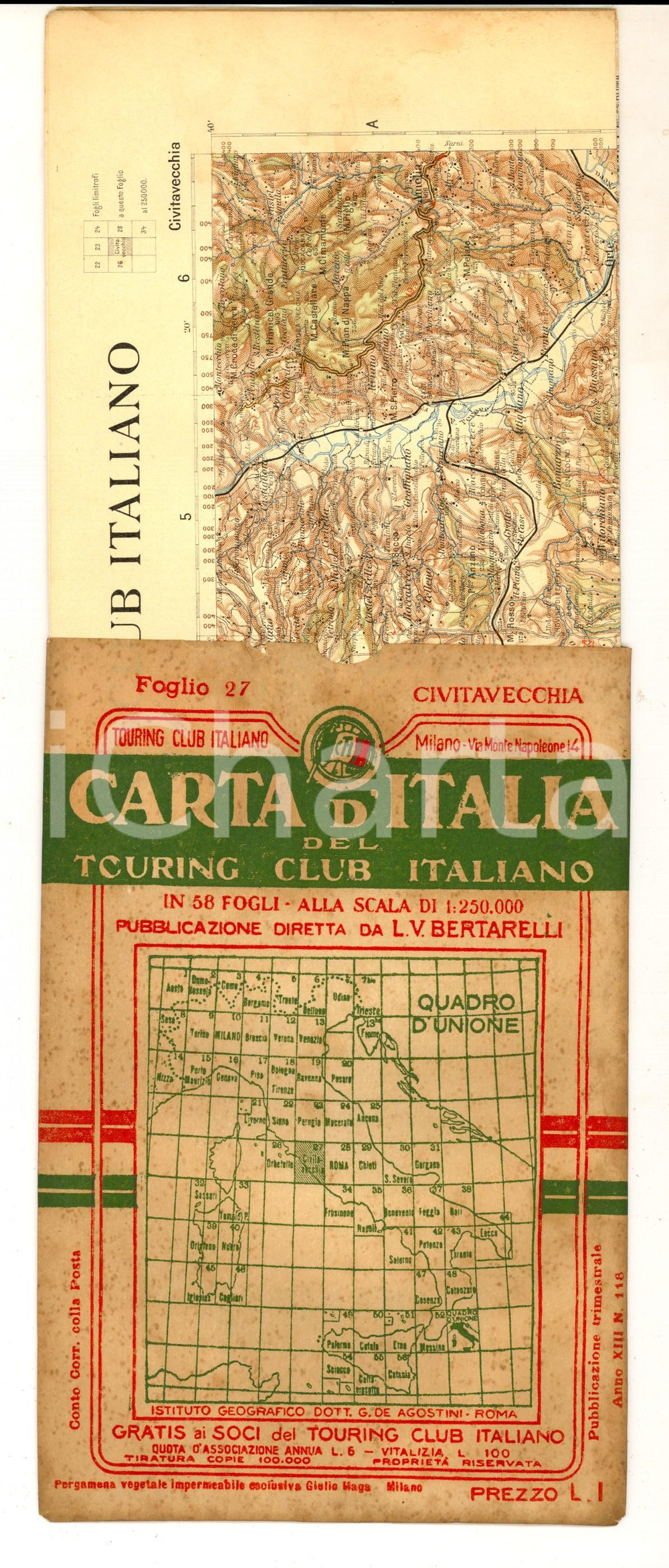 Mappa, planimetria storica 1910 ca TOURING CLUB ITALIANO Carta d Italia  CIVITAVECCHIA Foglio nÂ° 27 40x50 1