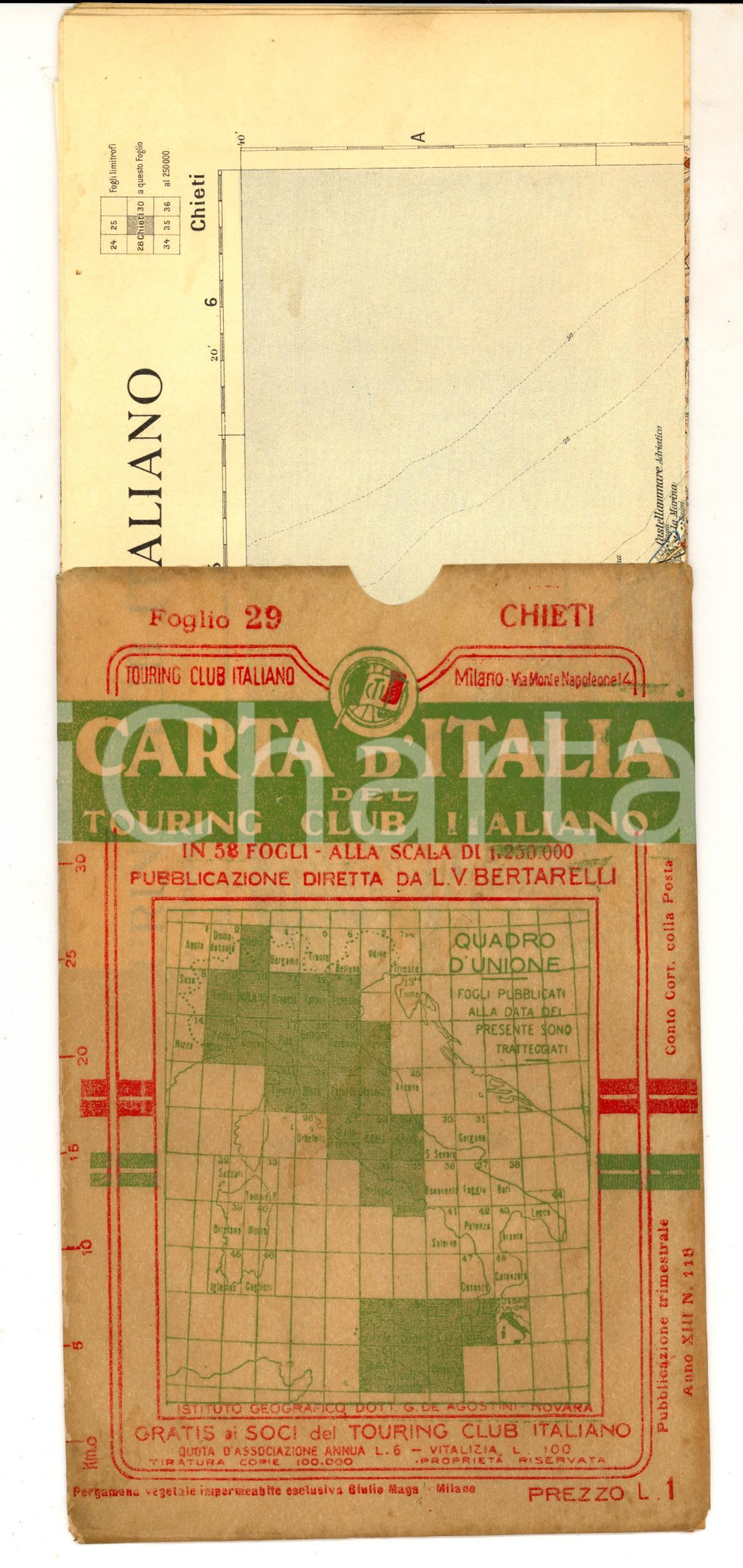 Mappa, planimetria storica 1910 ca TOURING CLUB ITALIANO Carta d Italia  CHIETI Foglio nÂ° 29 40x50 cm 1