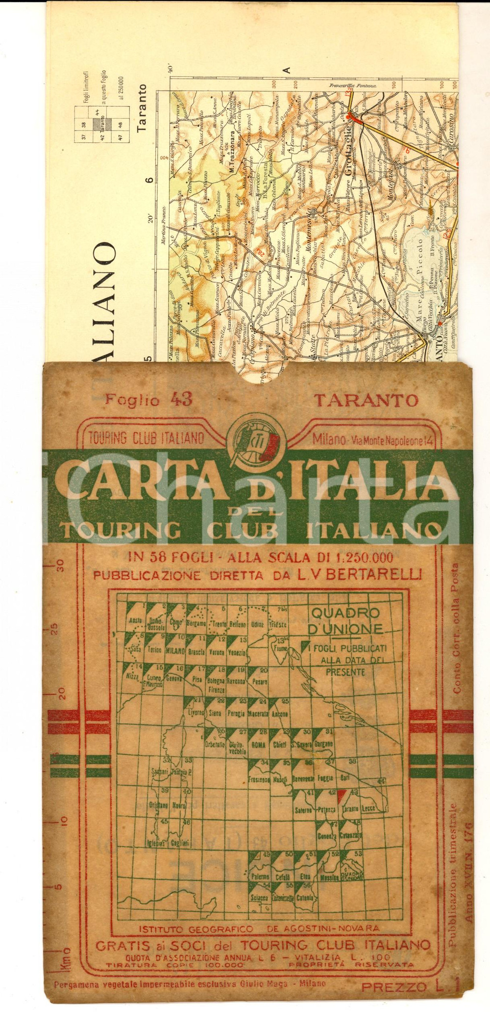 Mappa, planimetria storica 1910 ca TOURING CLUB ITALIANO Carta d Italia  TARANTO Foglio nÂ° 43 40x50 cm 1