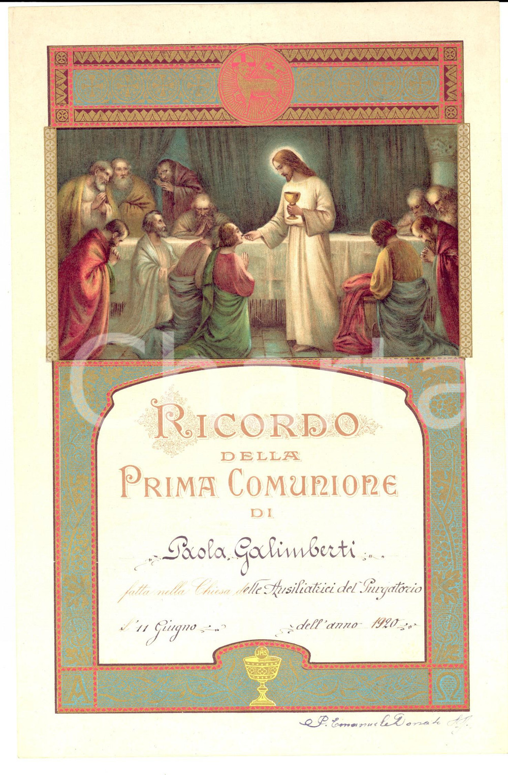 Documento originale, autentico 1920 MILANO AUSILIATRICI DEL PURGATORIO Ricordo Comunione  Paola GALIMBERTI 1