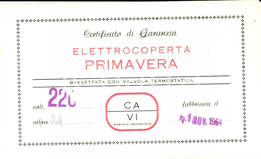 Cartolina originale da collezione 1964 Elettrocoperta PRIMAVERA Certificato di garanzia VINTAGE 1