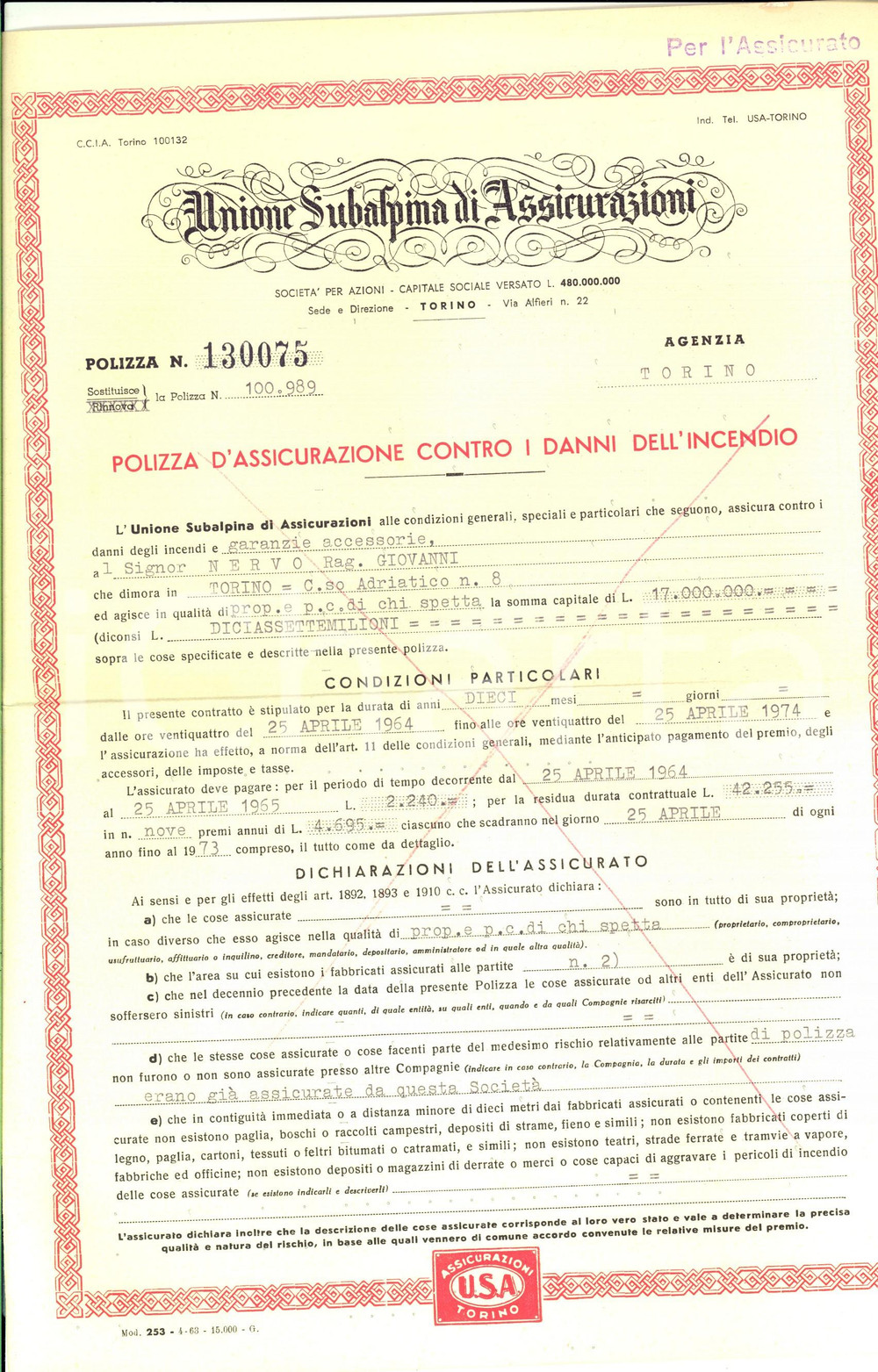 Documento originale, autentico 1964 TORINO Unione Subalpina di Assicurazioni  Polizza contro danni incendio 1