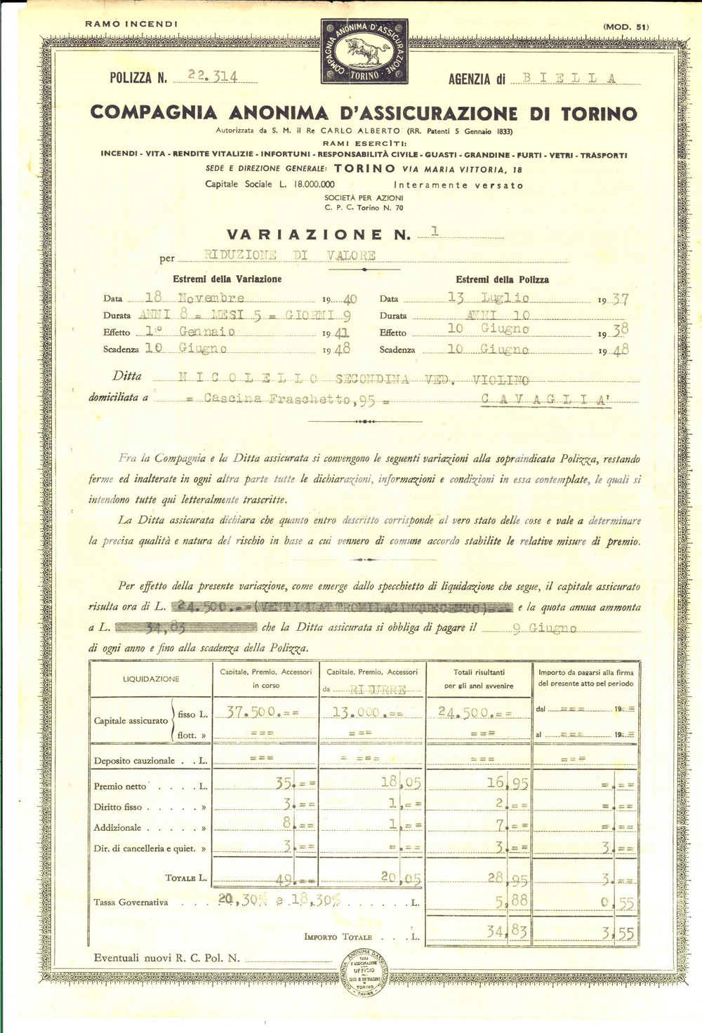 Documento originale, autentico 1940 BIELLA Compagnia Anonima d Assicurazione di Torino Variazione polizza 1