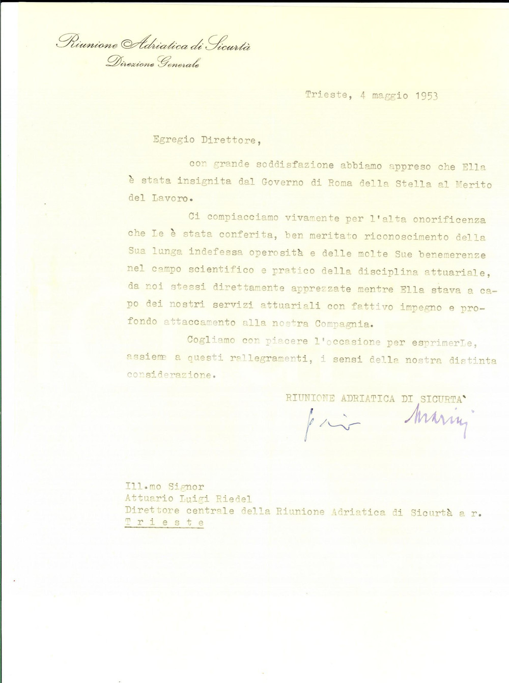 Manoscritto, lettera originale 1953 TRIESTE RIUNIONE ADRIATICA DI SICURTA  Congratulazioni a Luigi RIEDEL 1