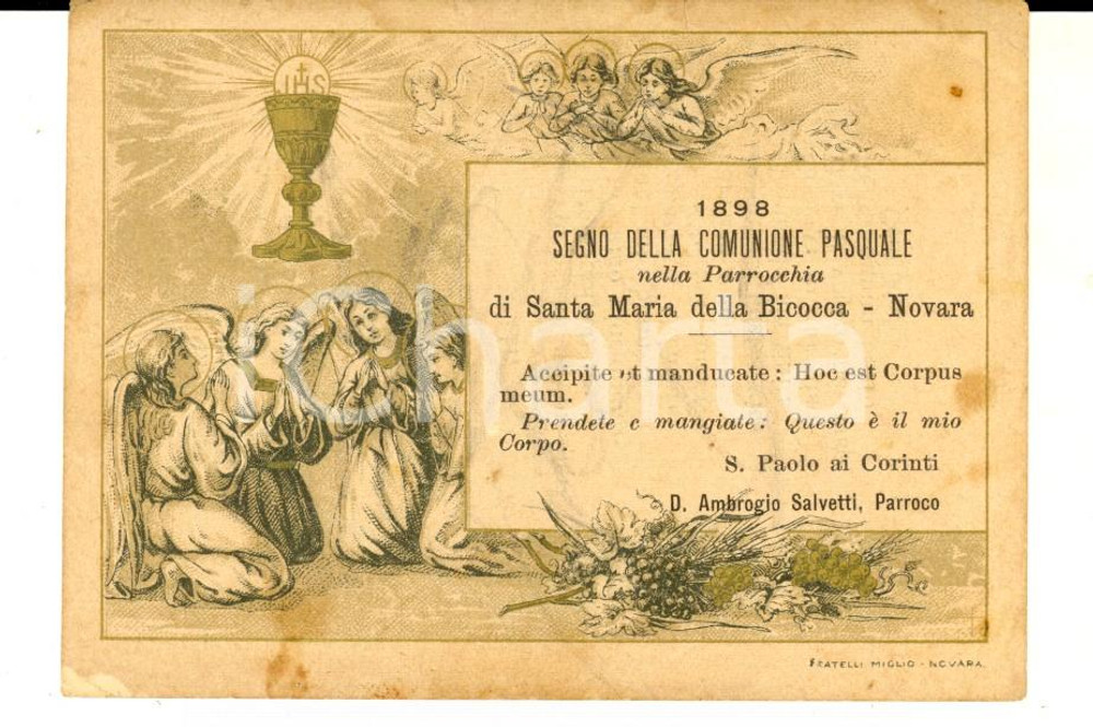 Oggetto da collezione cartaceo 1898 NOVARA Parrocchia SANTA MARIA DELLA BICOCCA Santino Comunione Pasquale 1