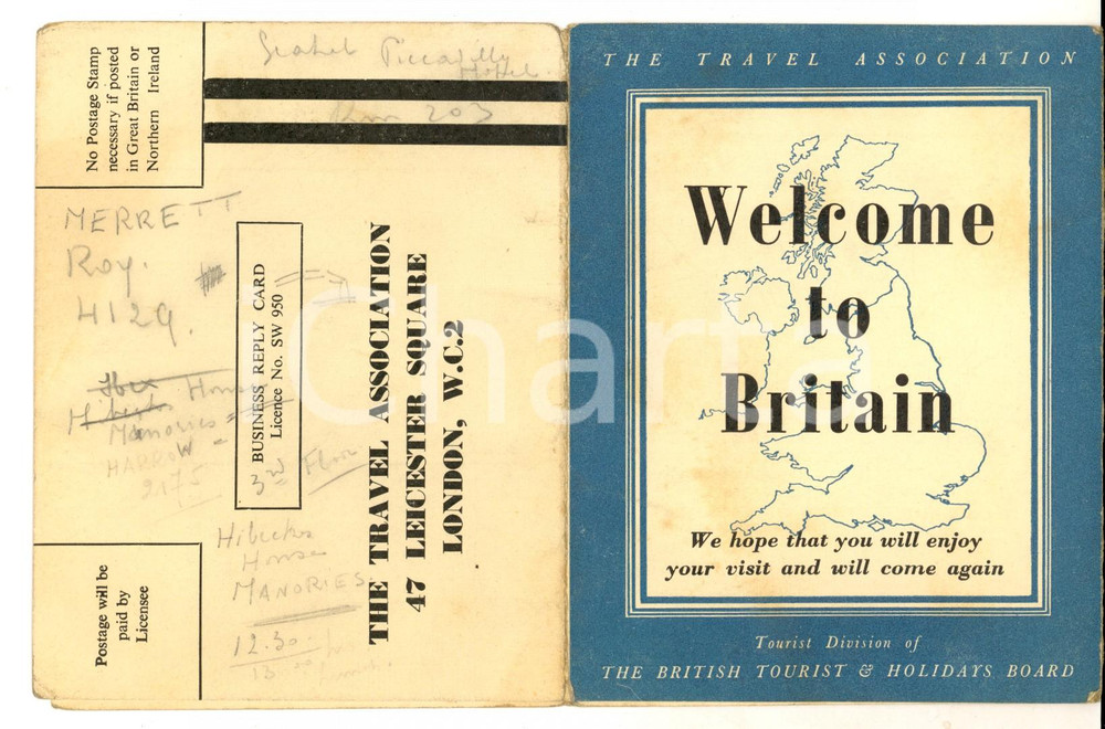 Materiale pubblicitario d’epoca 1950 ca THE TRAVEL ASSOCIATION Welcome to BRITAIN Pieghevole TURISMO VINTAGE 1