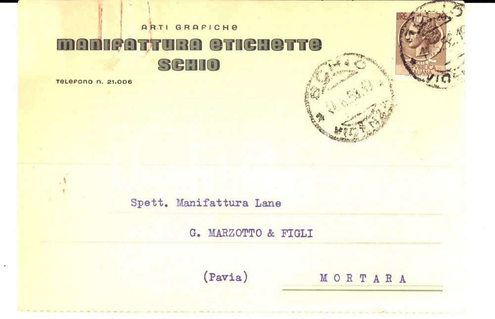 Cartolina originale da collezione 1958 Manifattura Etichette SCHIO  Arti grafiche Cartolina intestata FG VG 1