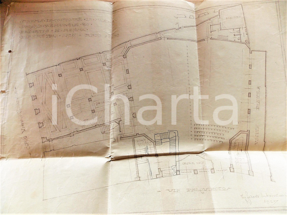 Mappa, planimetria storica 1927 MILANO Ing. Fausto DE DOMINICIS Progetto cinema corso Vittorio Emanuele 30 1