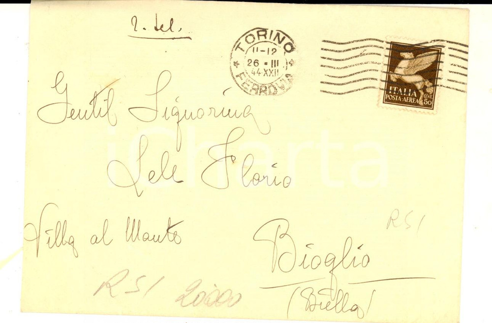 Cartolina originale da collezione 1944 RSI STORIA POSTALE TORINO Busta affrancata POSTA AEREA Pegaso cent. 50 1