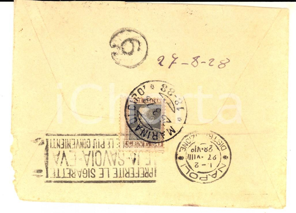 Cartolina originale da collezione 1928 STORIA POSTALE MARINA CIRO  Busta timbro sigarette SAVOIAEVA Cent. 50 1