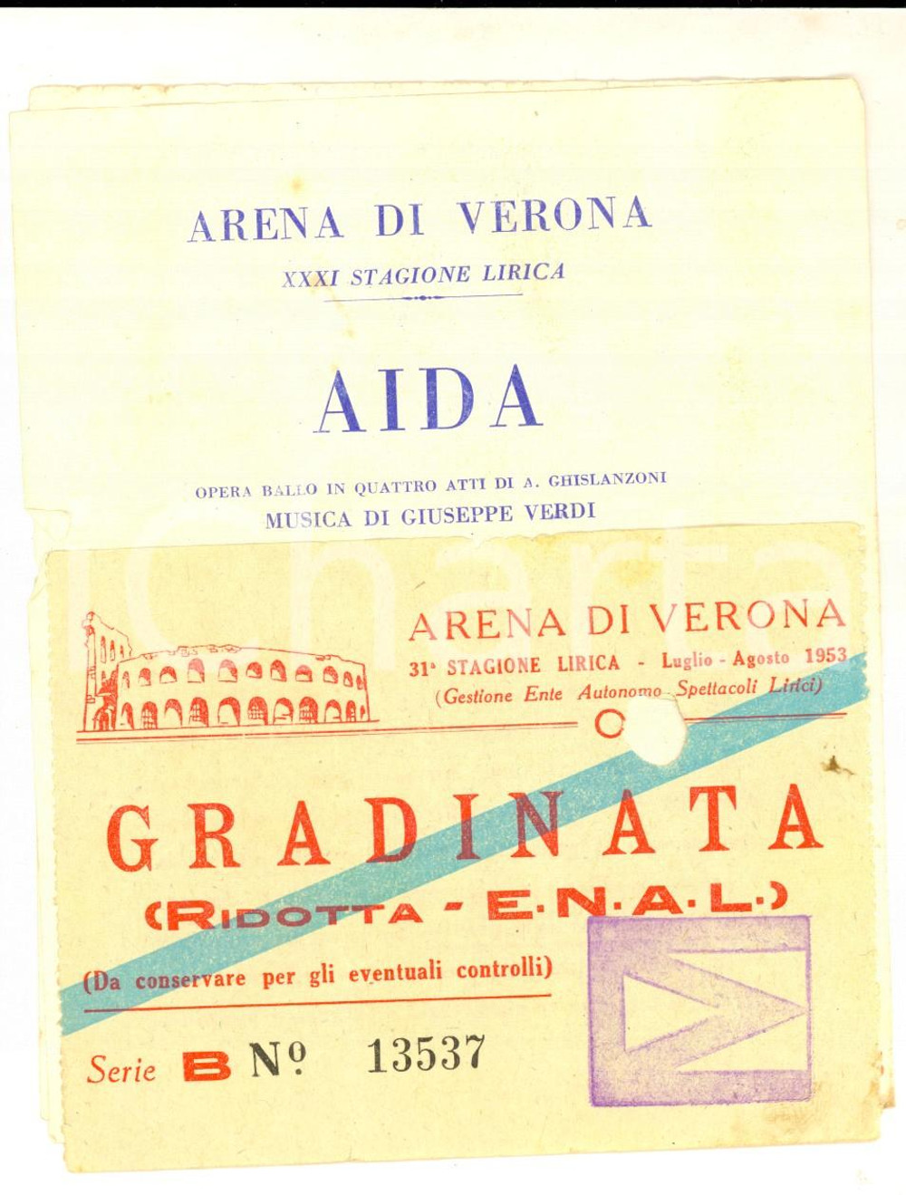 Oggetto da collezione cartaceo 1953 ARENA DI VERONA Biglietto 31 Stagione Lirica  AIDA 1