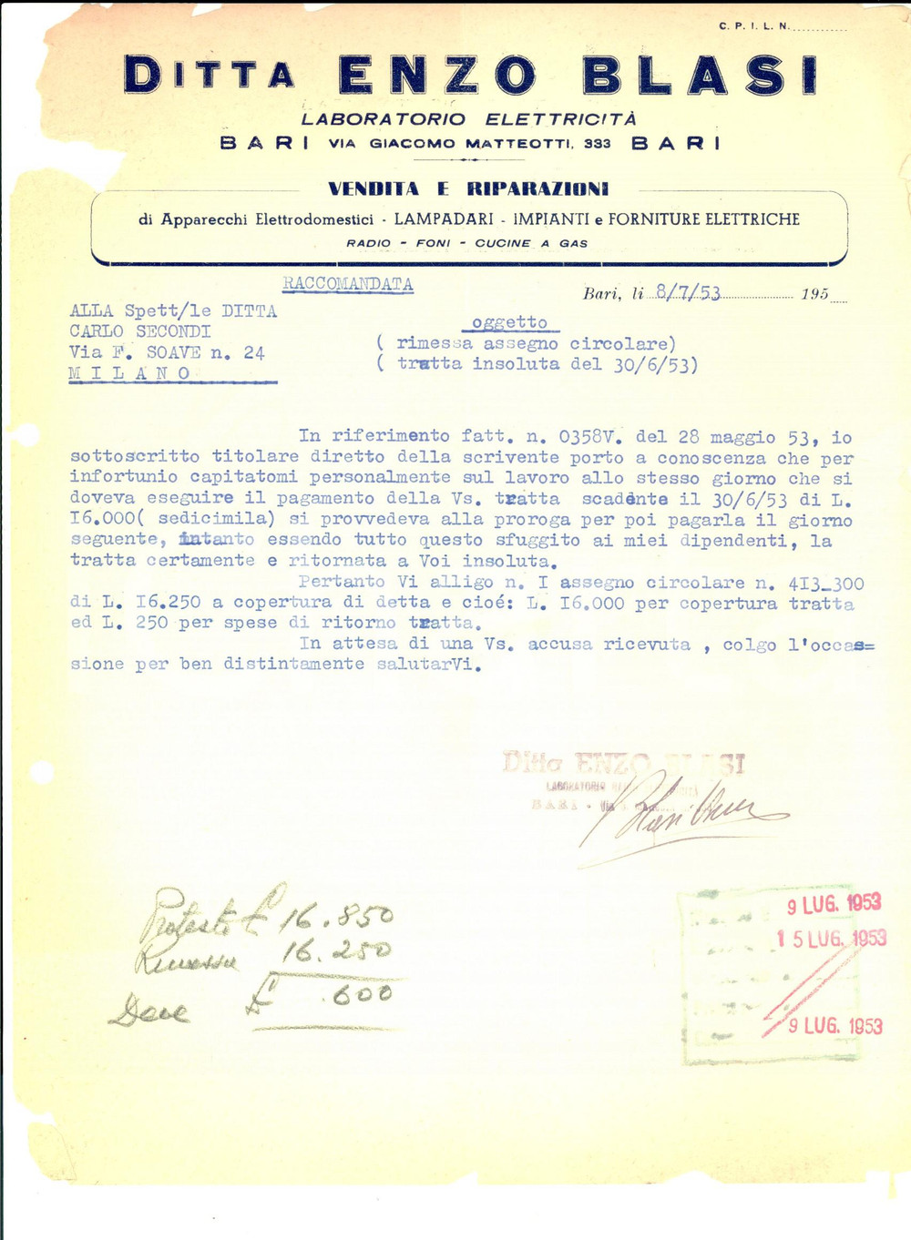 Documento originale, autentico 1953 BARI Ditta Enzo BLASI Laboratorio elettricitÃ   Lettera commerciale 1