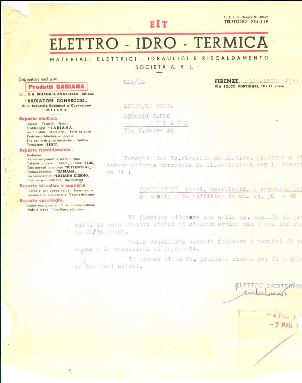 Materiale pubblicitario d’epoca 1951 FIRENZE Ditta EIT ElettroIdroTermica  Lettera commerciale 1