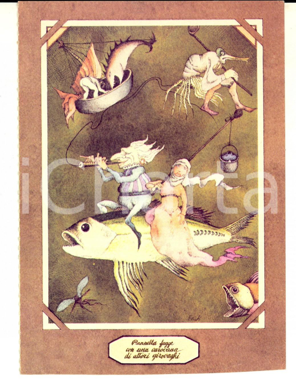 Cartolina originale da collezione 1980 ca SATIRA POLITICA Pannella fugge con attori girovaghi Cartolina PERICOLI 1