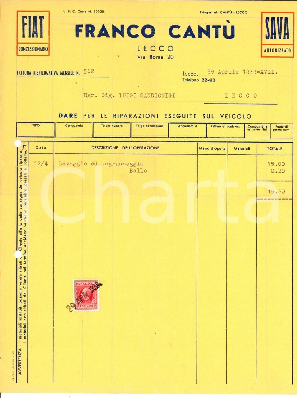 Documento originale, autentico 1939 LECCO Ditta Franco CANTU  Concessionario FIAT Fattura commerciale 1