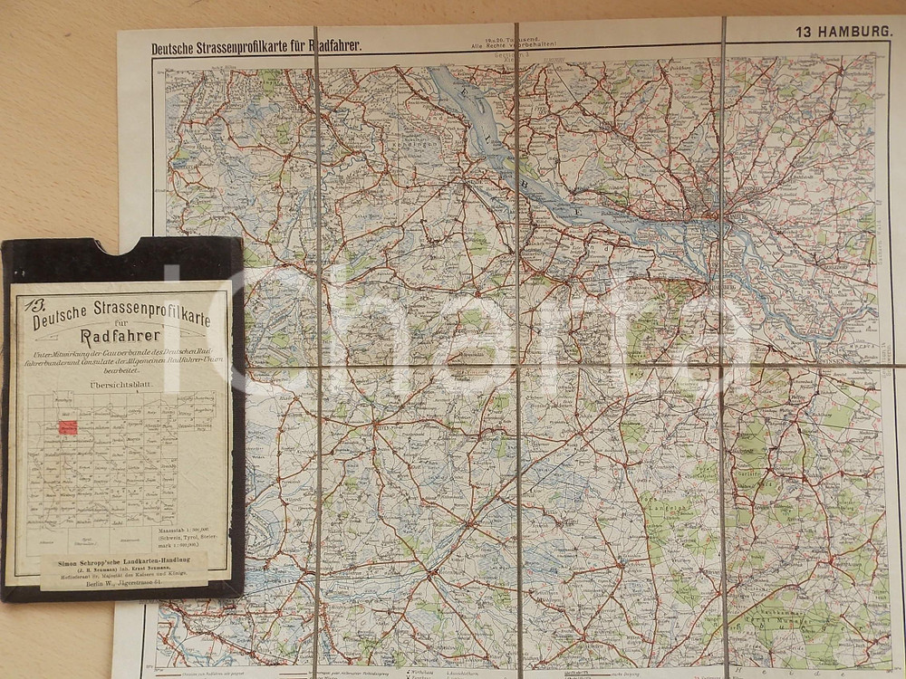 Mappa, planimetria storica 1910 ca Deutsche Strassenprofilkarte fur Radfahrer  HAMBURG nÂ° 13 38x32 cm 1