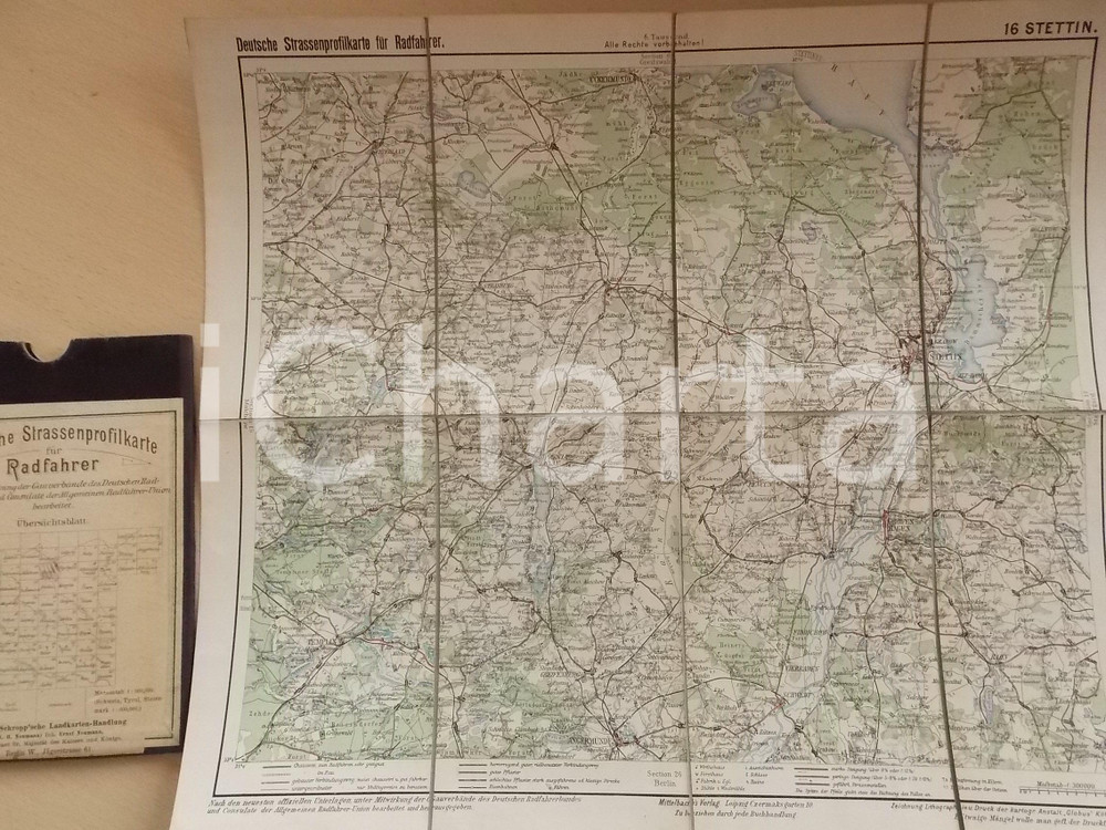 Mappa, planimetria storica 1910 ca Deutsche Strassenprofilkarte fur Radfahrer  STETTIN nÂ° 16 39x34 cm 1