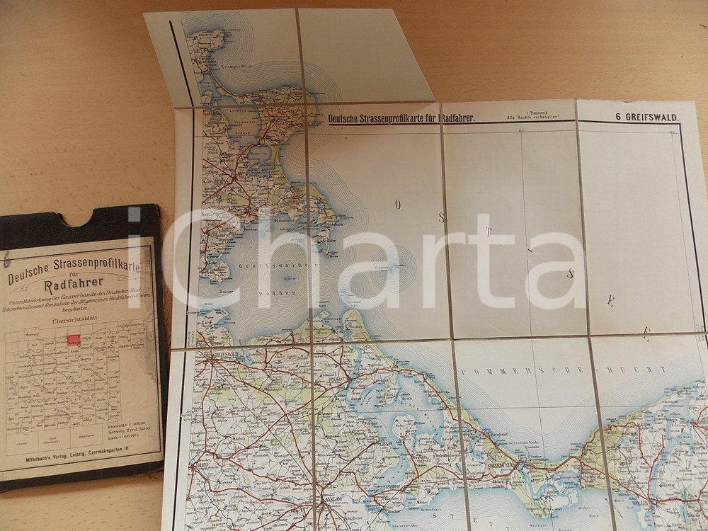 Mappa, planimetria storica 1910 ca Deutsche Strassenprofilkarte fur Radfahrer  GREISFWALD nÂ° 6  37x40 cm 1