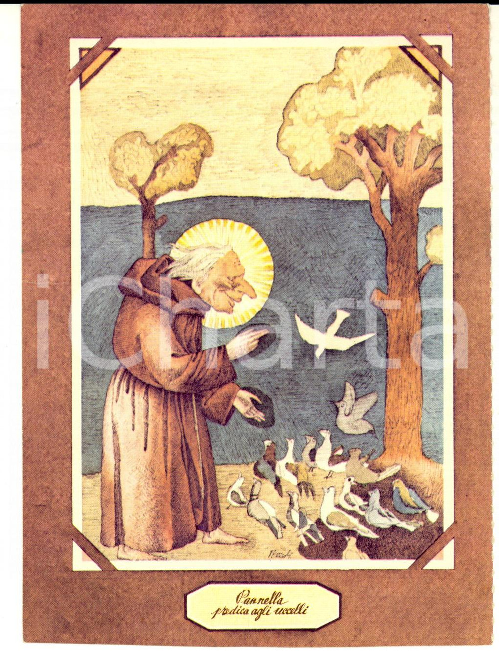 Cartolina originale da collezione 1980 ca SATIRA POLITICA Pannella predica agli uccelli Cartolina PERICOLI 1