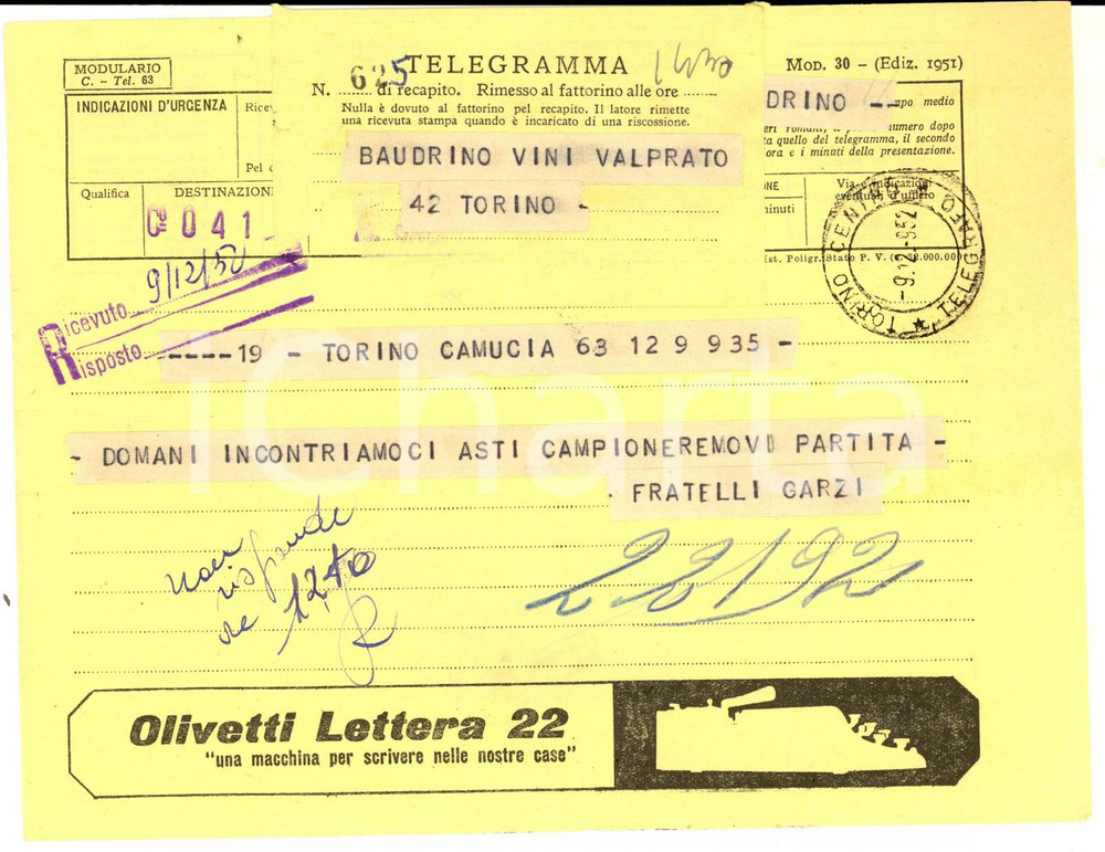 Documento originale, autentico 1952 TORINO Telegramma pubblicitario OLIVETTI Lettera 22 1
