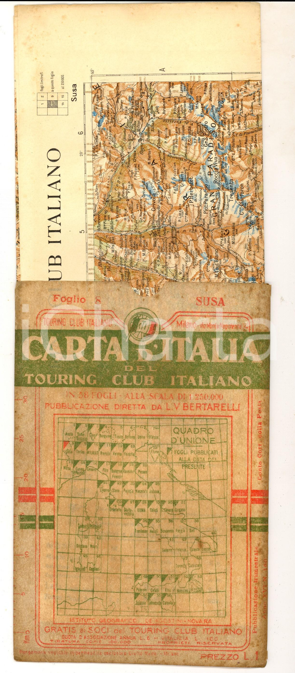 Mappa, planimetria storica 1910 TOURING CLUB ITALIANO Carta d Italia  SUSA Foglio nÂ° 8 40x50 cm 1