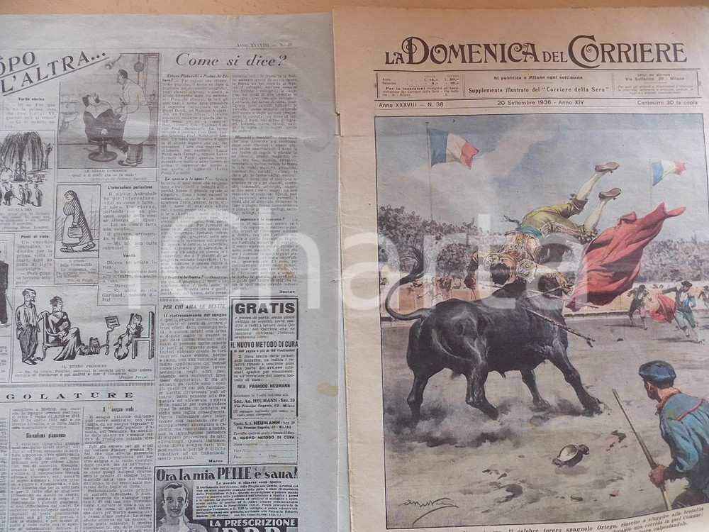 Giornale, rivista storica 1936 DOMENICA DEL CORRIERE Francisco FRANCO  Disgrazia del torero ORTEGA 1