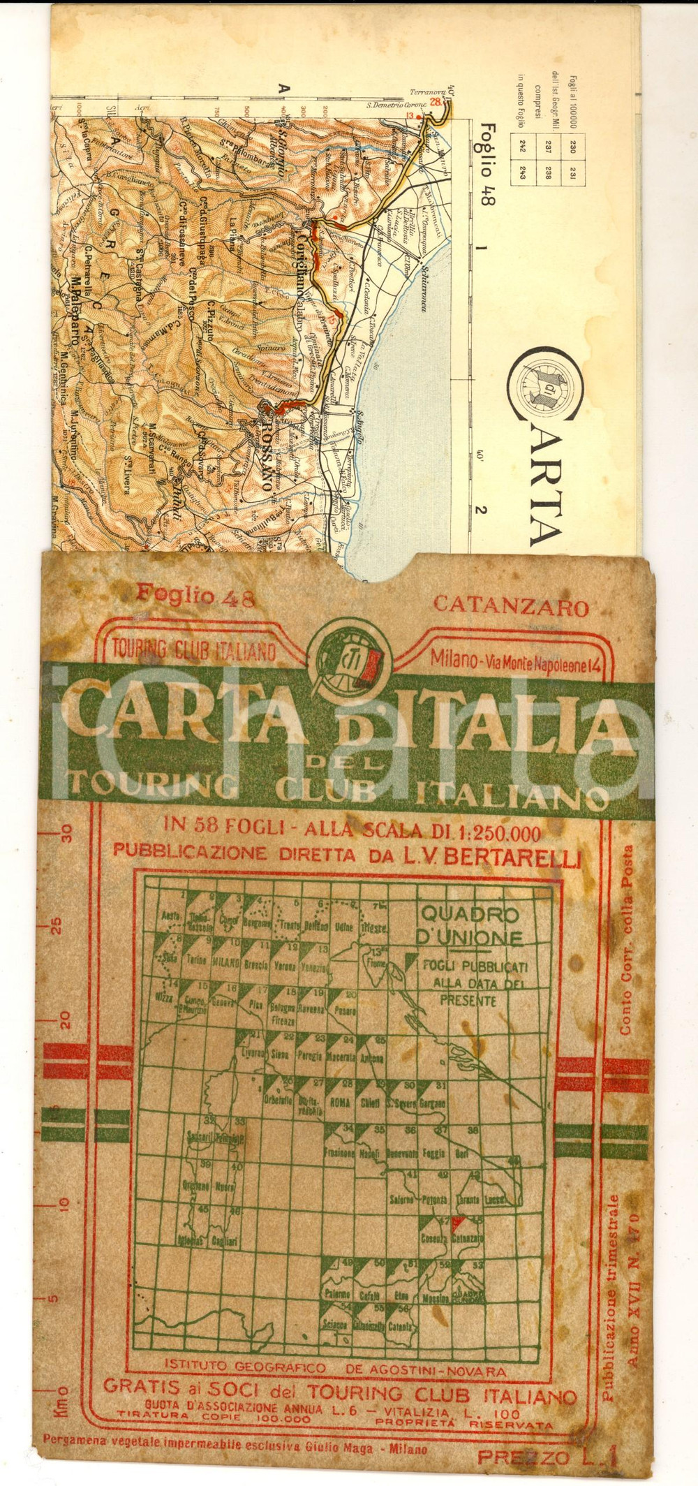 Mappa, planimetria storica 1910 ca TOURING CLUB ITALIANO Carta d Italia  CATANZARO Foglio nÂ° 48 40x50 cm 1