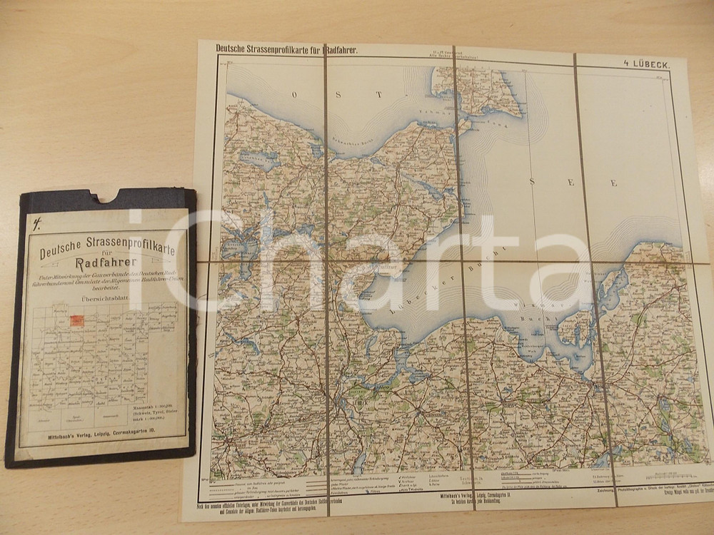 Mappa, planimetria storica 1910 ca Deutsche Strassenprofilkarte fur Radfahrer  LUBECK nÂ° 4 37x33 cm 1