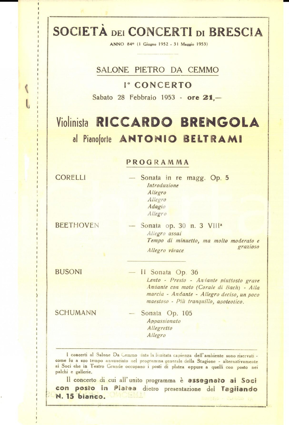 Documento originale, autentico 1953 BRESCIA Concerto Riccardo BRENGOLA e Antonio BELTRAMI Programma 1
