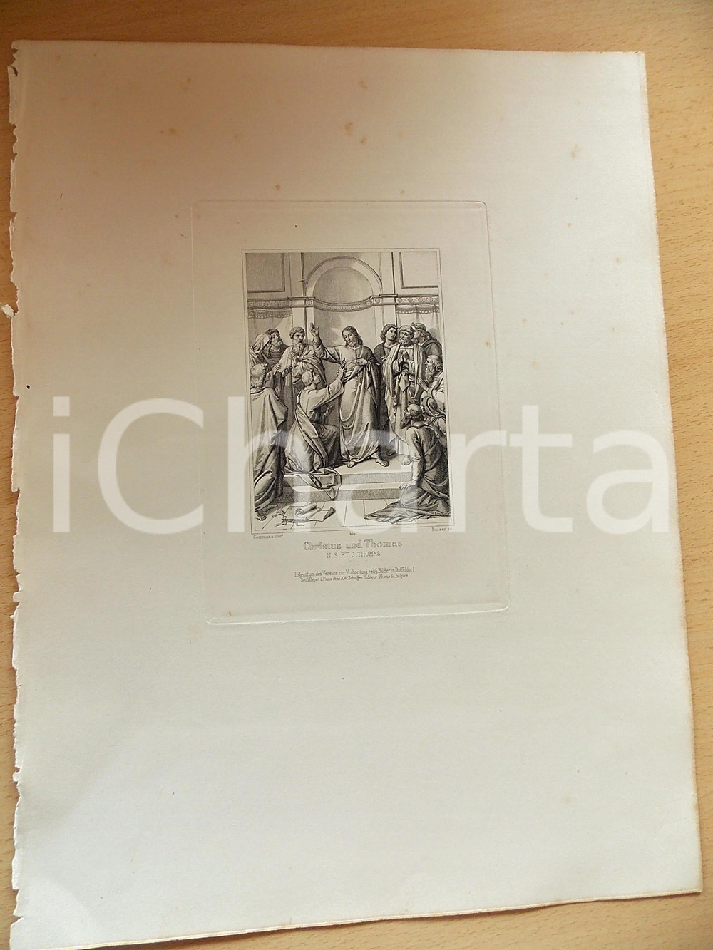 Stampa, bozzetto originale 1880 ca ARTE SACRA Cristo e san Tommaso Stampa inc. NUSSER 28x37 cm 1