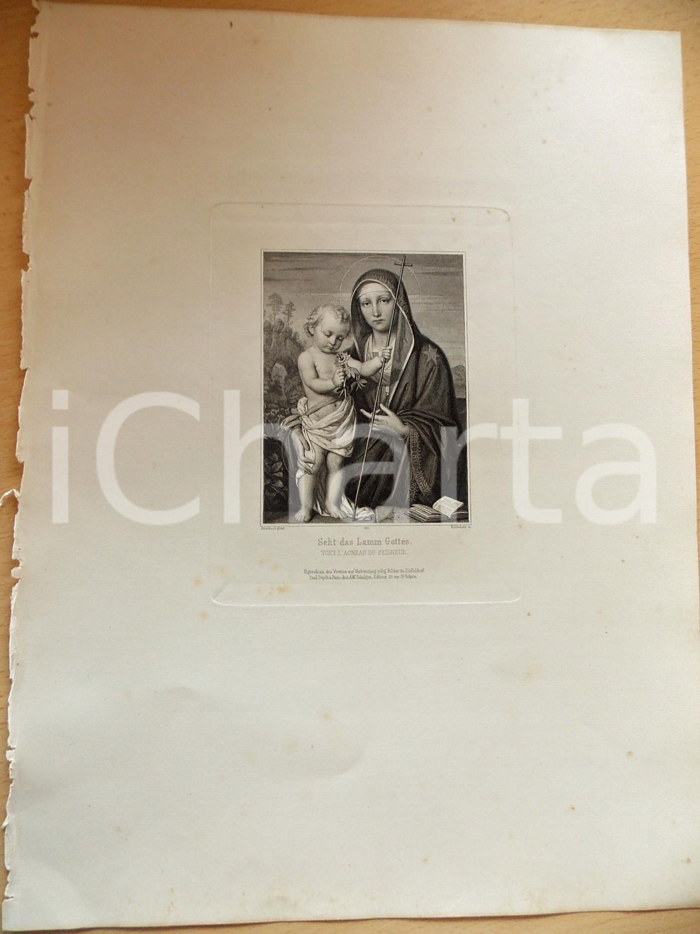Stampa, bozzetto originale 1880 ca ARTE SACRA Seht das Lamm Gottes Stampa inc. KOHLSCHIEN 28x37 cm 1
