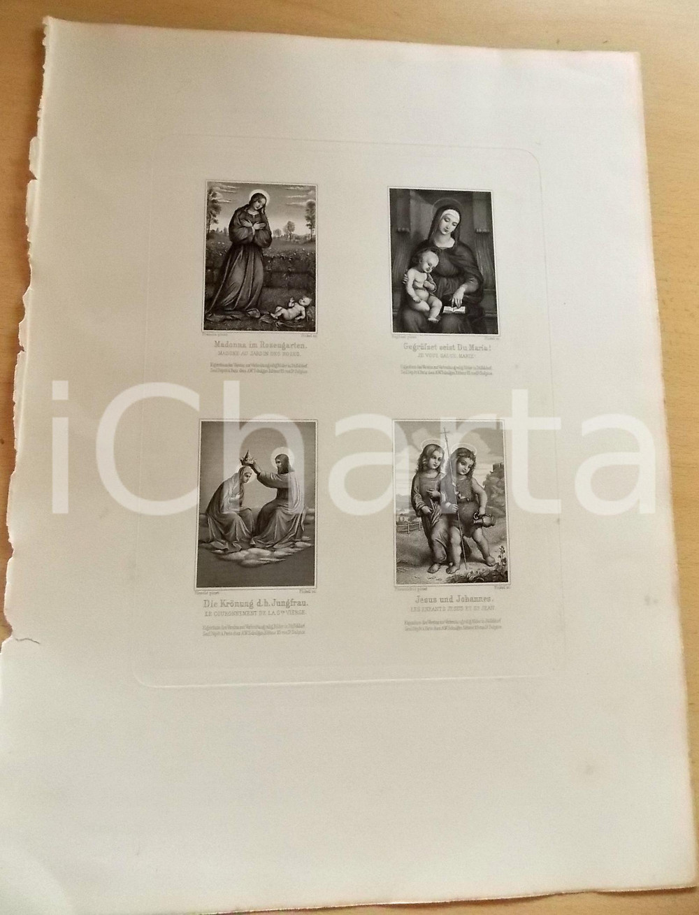 Stampa, bozzetto originale 1880 ca ARTE SACRA Madonna nel giardino di rose  Incoronazione Stampa PICKEL 1