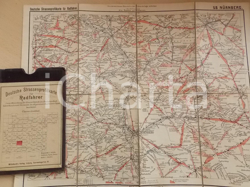 Mappa, planimetria storica 1910 ca Deutsche Strassenprofilkarte fur Radfahrer  NURNBERG nÂ° 58 40x32 cm 1
