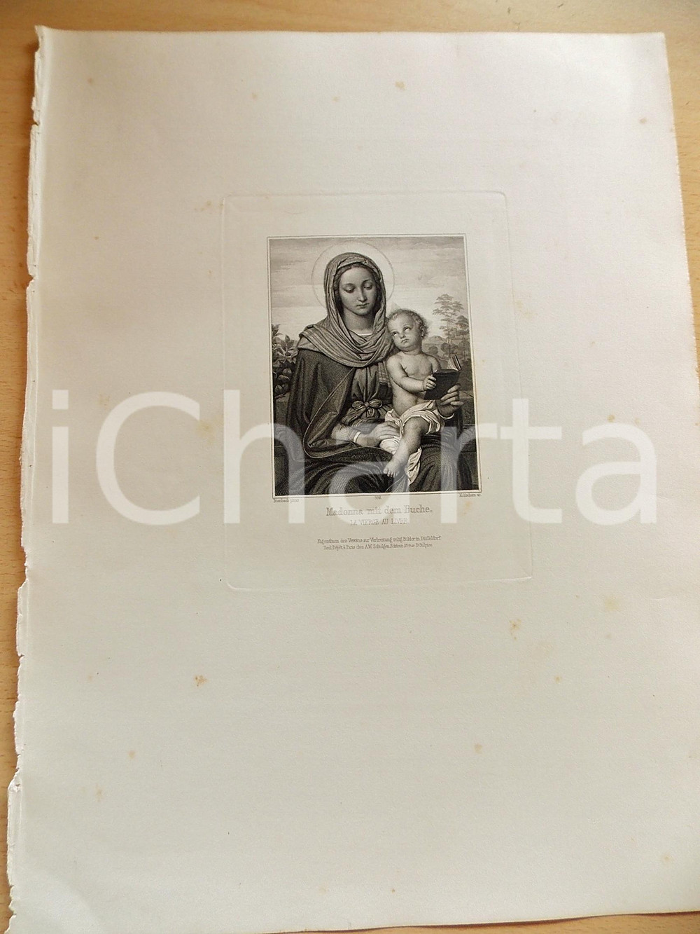Stampa, bozzetto originale 1880 ca ARTE SACRA Madonna mit dem Buche Stampa inc. KOHLSCHEIN 27x38 1