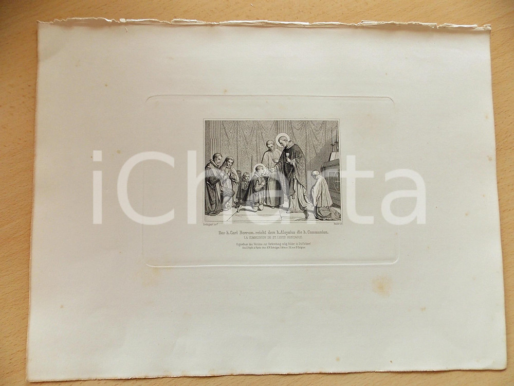 Stampa, bozzetto originale 1880 ca ARTE SACRA Comunione di san Luigi Gonzaga Stampa inc. BAUER 37x28 cm 1