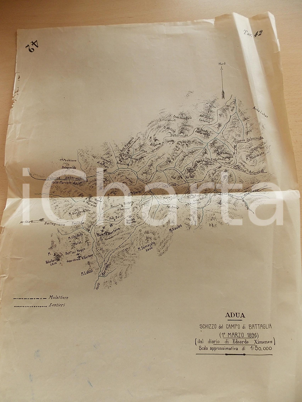 Mappa, planimetria storica 1910 ca ADUA Campo di battaglia dal diario di Edoardo XIMENES Stampa 32x43 1