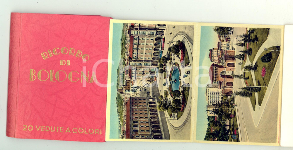 Materiale pubblicitario d’epoca 1950 ca BOLOGNA 20 vedute a colori Libretto a organino TURISMO VINTAGE 1