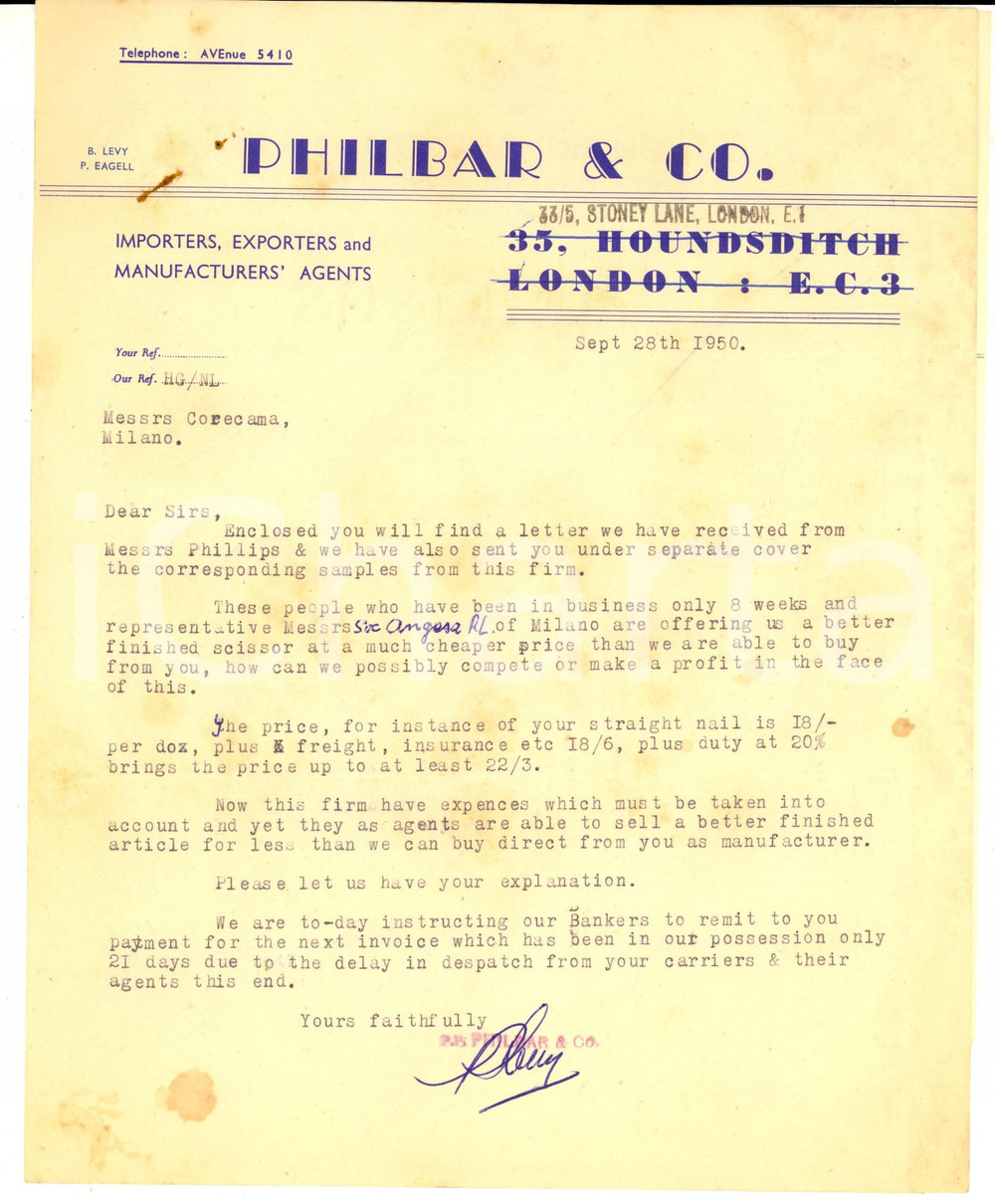 Manoscritto, lettera originale 1950 LONDON Ditta PHILBAR  Preventivo per forbici PHILLIPS MERCHANDISING 1