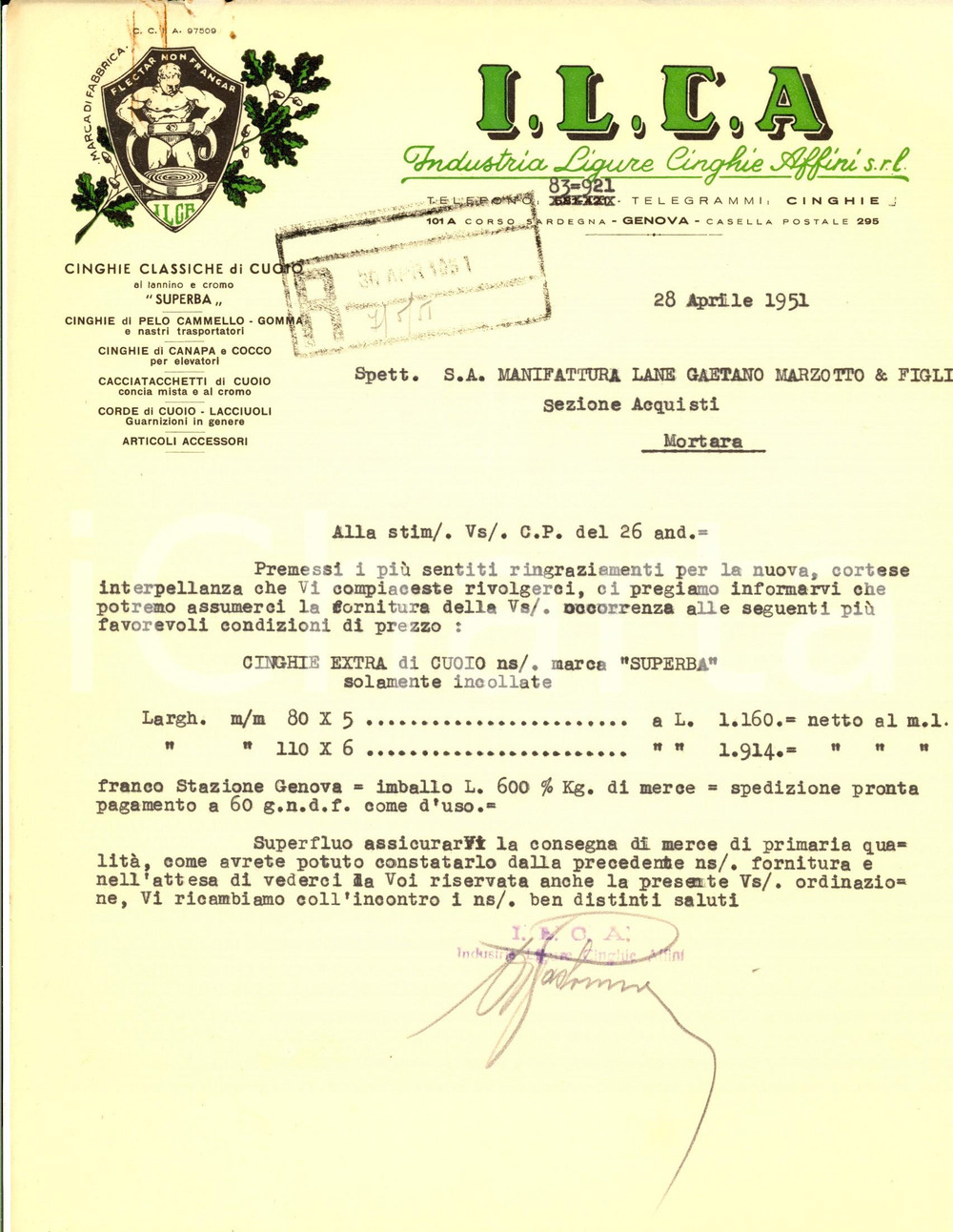 Manoscritto, lettera originale 1951 GENOVA I.L.C.A. Industria Ligure Cinghie Affini  Lettera commerciale 1 1