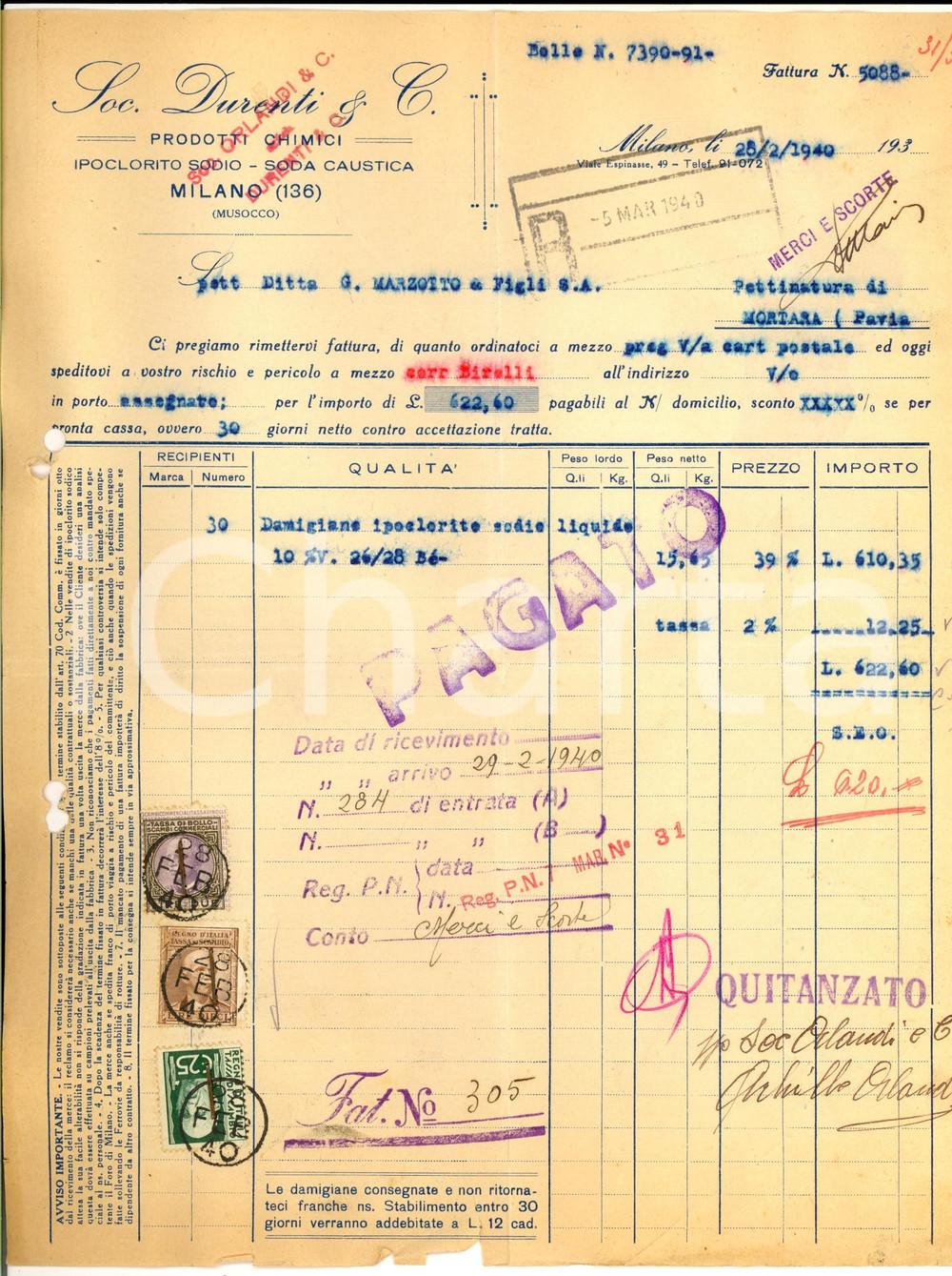 1940 MILANO Società DURENTI Prodotti chimici - Fattura per ipoclorito