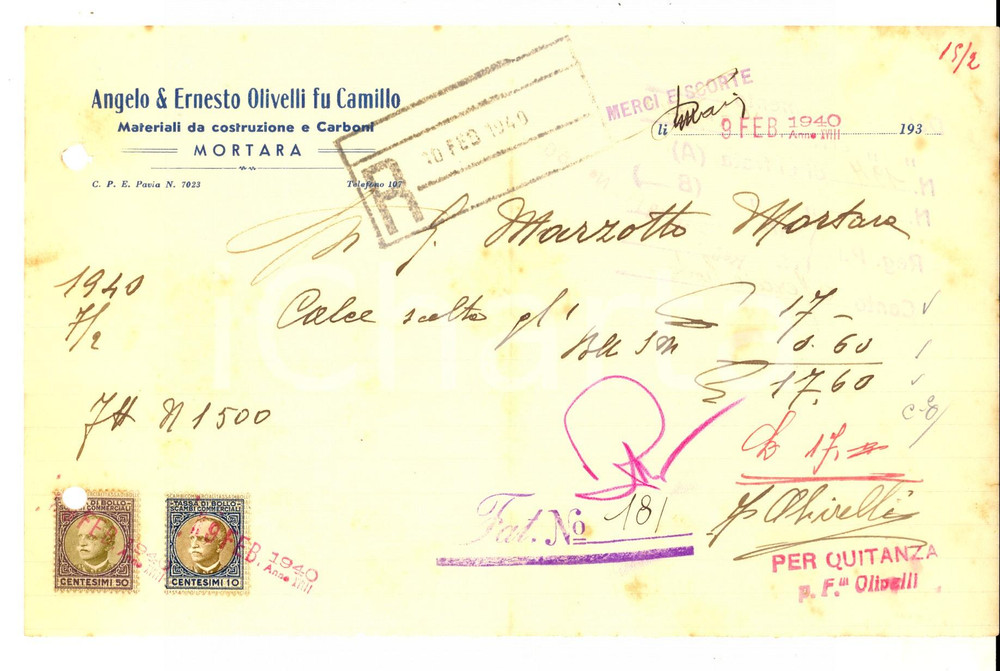 Documento originale, autentico 1940 MORTARA PV Angelo & Ernesto OLIVELLI Materiali da costruzione Fattura 1