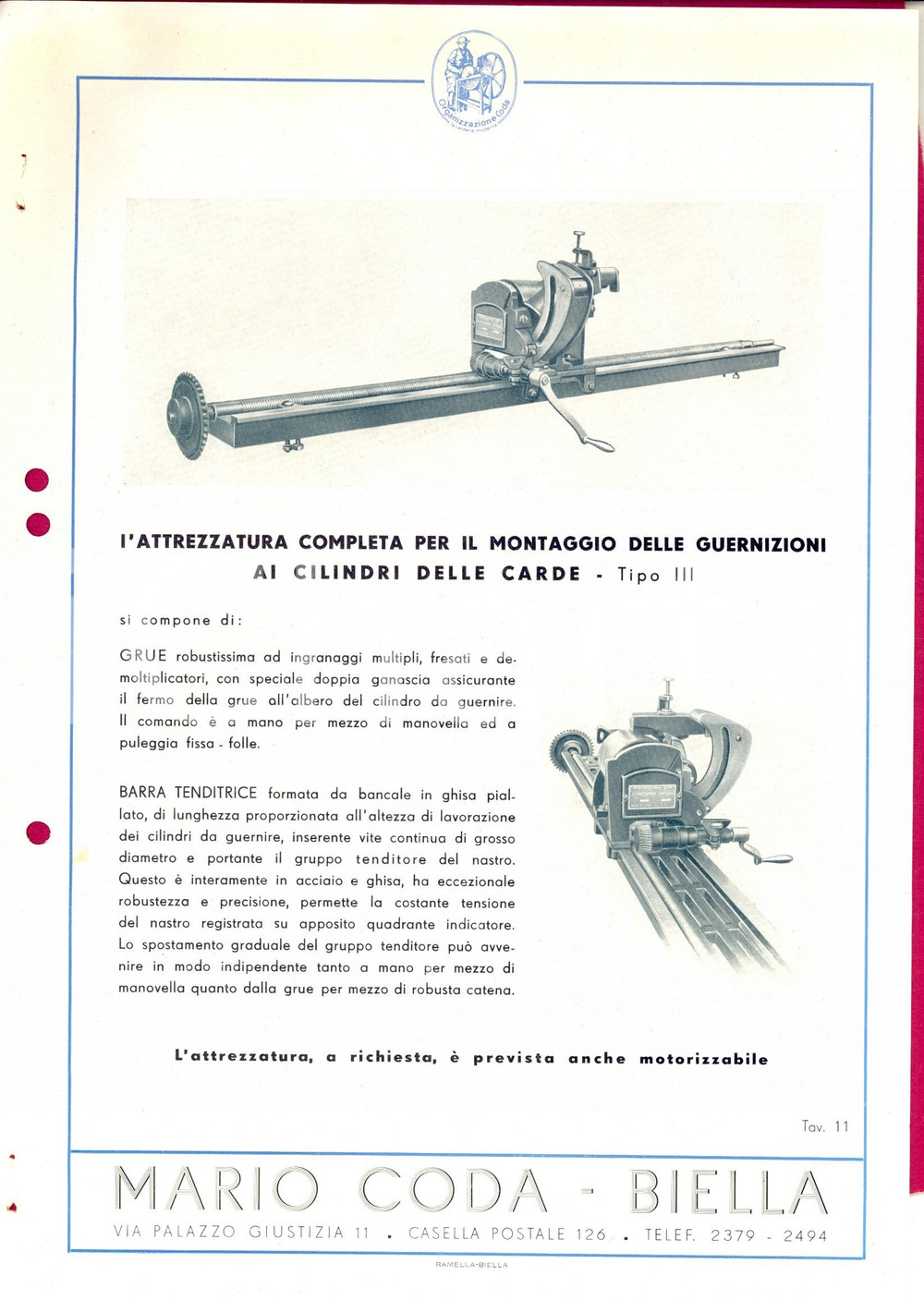 Materiale pubblicitario d’epoca 1940 ca BIELLA Ditta Mario CODA Guarnizioni cilindri carde Scheda PUBBLICITARIA 1